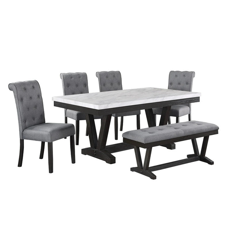 Ensemble de salle à manger 6 pièces avec banc et plateau de table enveloppé en faux marbre, de qualité supérieure