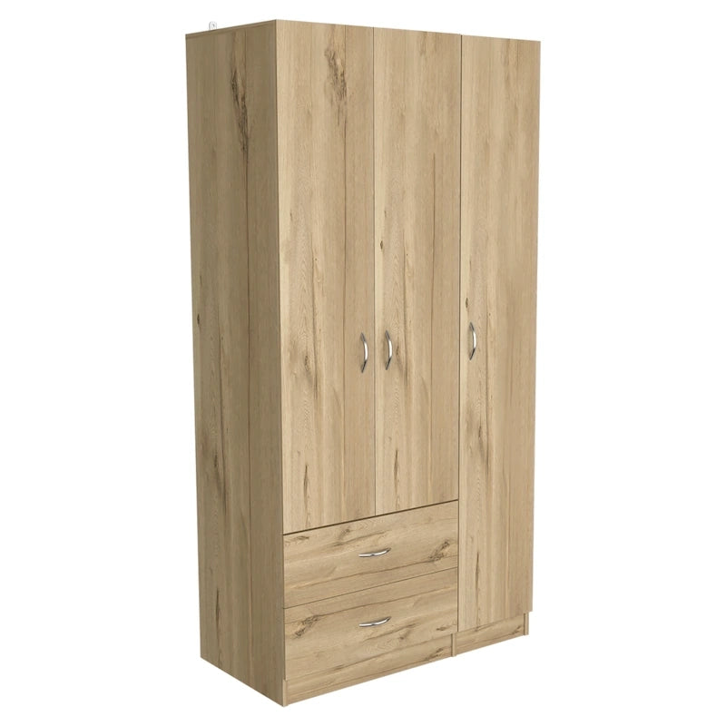 Armoire 3 portes avec tiroirs, étagères et penderie – Noir / Chêne Fumé et Blanc