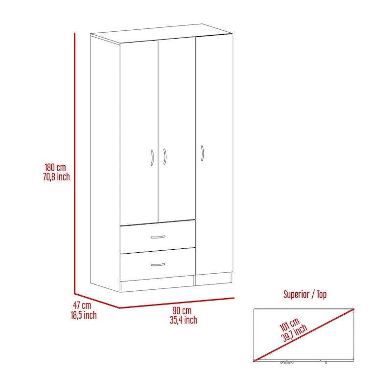 Armoire 3 portes avec tiroirs, étagères et penderie – Noir / Chêne Fumé et Blanc