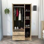 Armoire 3 portes avec tiroirs, étagères et penderie – Noir / Chêne Fumé et Blanc