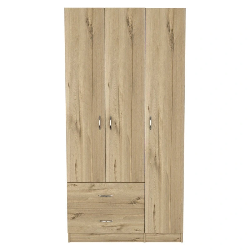 Armoire 3 portes avec tiroirs, étagères et penderie – Noir / Chêne Fumé et Blanc