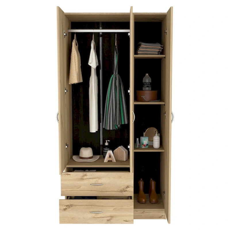 Armoire 3 portes avec tiroirs, étagères et penderie – Noir / Chêne Fumé et Blanc