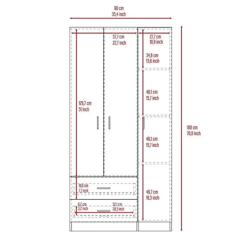 Armoire 3 portes avec tiroirs, étagères et penderie – Noir / Chêne Fumé et Blanc