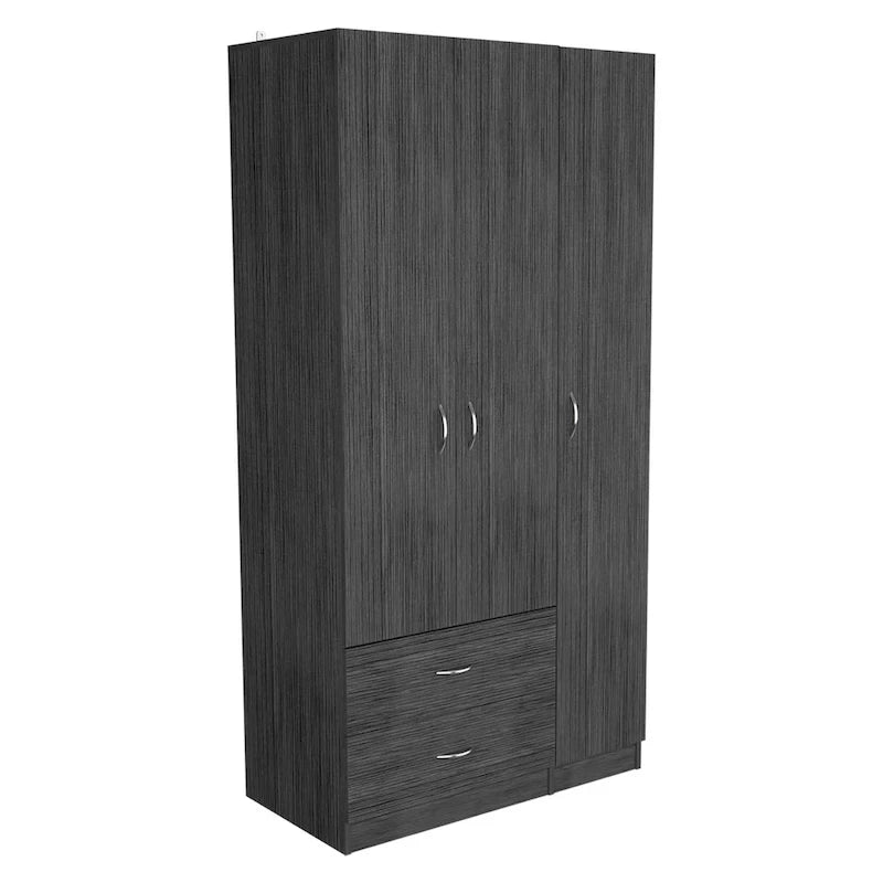 Armoire 3 portes avec tiroirs, étagères et penderie – Noir / Chêne Fumé et Blanc