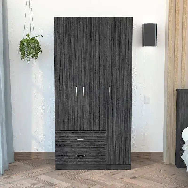 Armoire 3 portes avec tiroirs, étagères et penderie – Noir / Chêne Fumé et Blanc