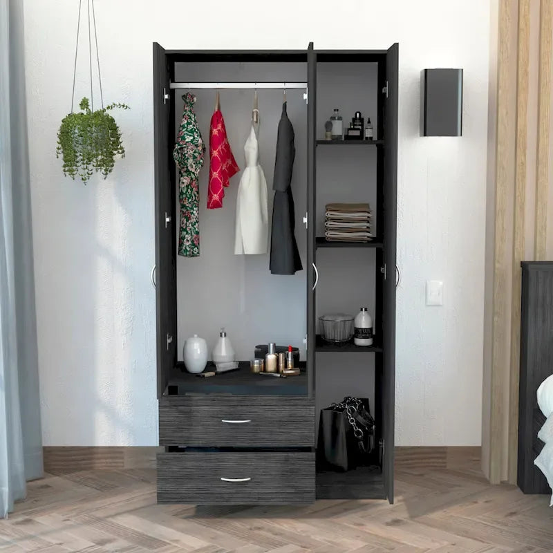 Armoire 3 portes avec tiroirs, étagères et penderie – Noir / Chêne Fumé et Blanc
