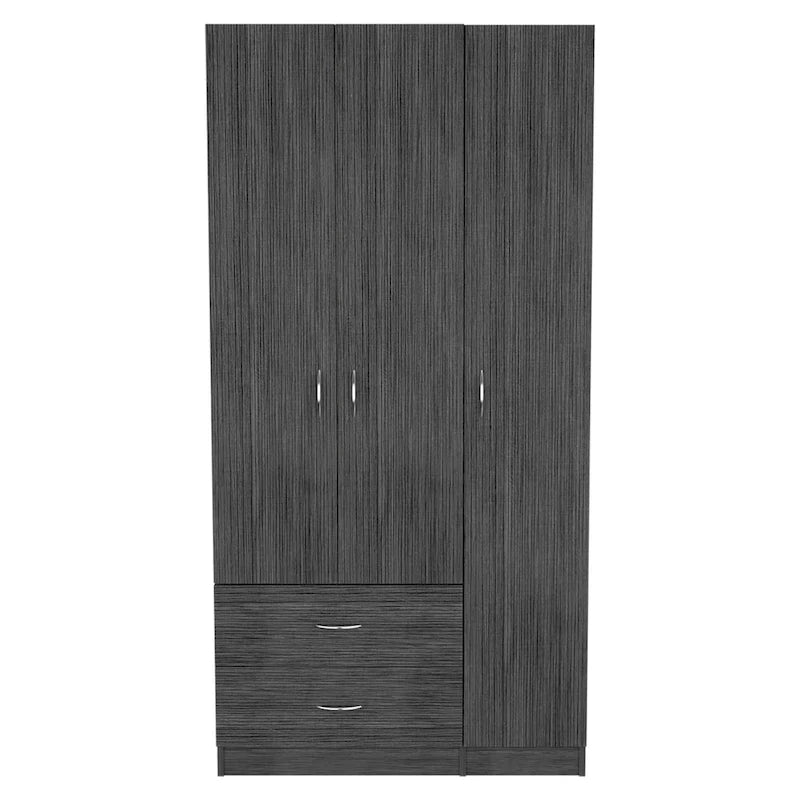 Armoire 3 portes avec tiroirs, étagères et penderie – Noir / Chêne Fumé et Blanc