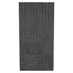 Armoire 3 portes avec tiroirs, étagères et penderie – Noir / Chêne Fumé et Blanc