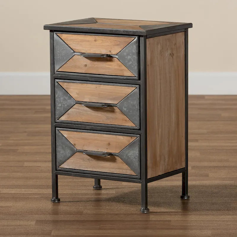 Baxton Studio Laurel Table d'appoint à 3 tiroirs rustique industriel en métal finition gris antique et bois finition chêne blanchi marron