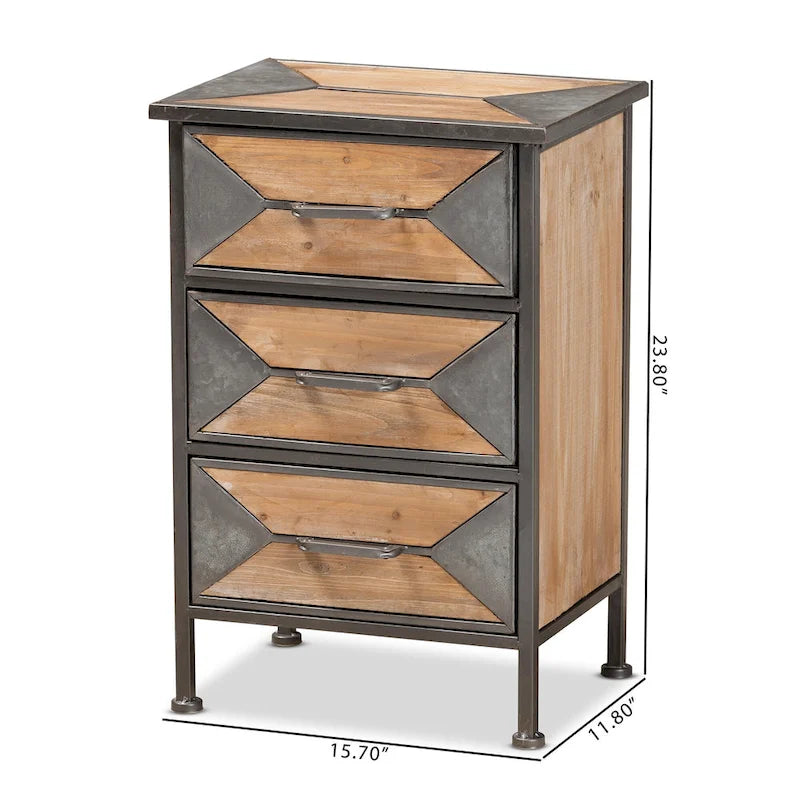 Baxton Studio Laurel Table d'appoint à 3 tiroirs rustique industriel en métal finition gris antique et bois finition chêne blanchi marron