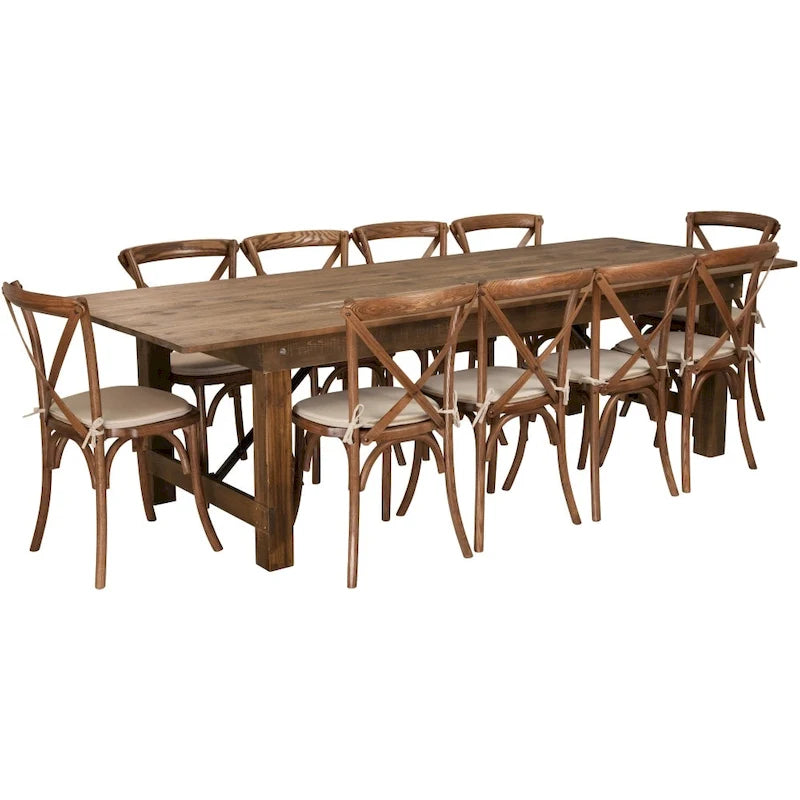 Ensemble de table de ferme pliante rustique de 2,74 m x 12,19 m avec 10 chaises à dossier croisé et coussins