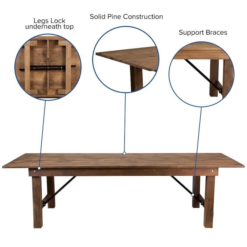 Ensemble de table de ferme pliante rustique de 2,74 m x 12,19 m avec 10 chaises à dossier croisé et coussins