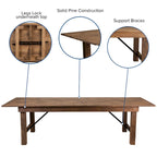 Ensemble de table de ferme pliante rustique de 2,74 m x 12,19 m avec 10 chaises à dossier croisé et coussins