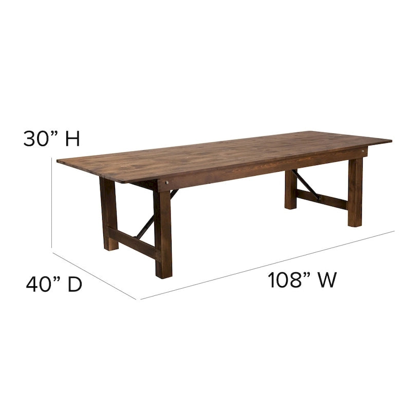 Ensemble de table de ferme pliante rustique de 2,74 m x 12,19 m avec 10 chaises à dossier croisé et coussins