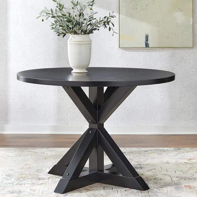 Table de salle à manger ronde sur pied en bois flotté, 4 places