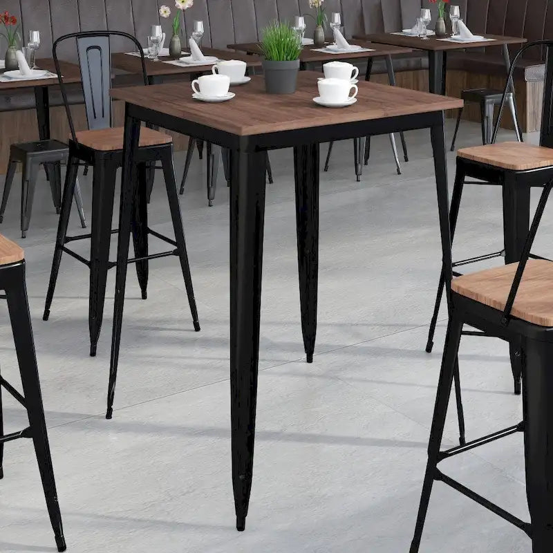 Table de bar d'intérieur carrée en métal de 31,5 po avec plateau en bois rustique - 31,5 po L x 31,5 po P x 42 po H - 31,5 po L x 31,5 po P x 42 po H