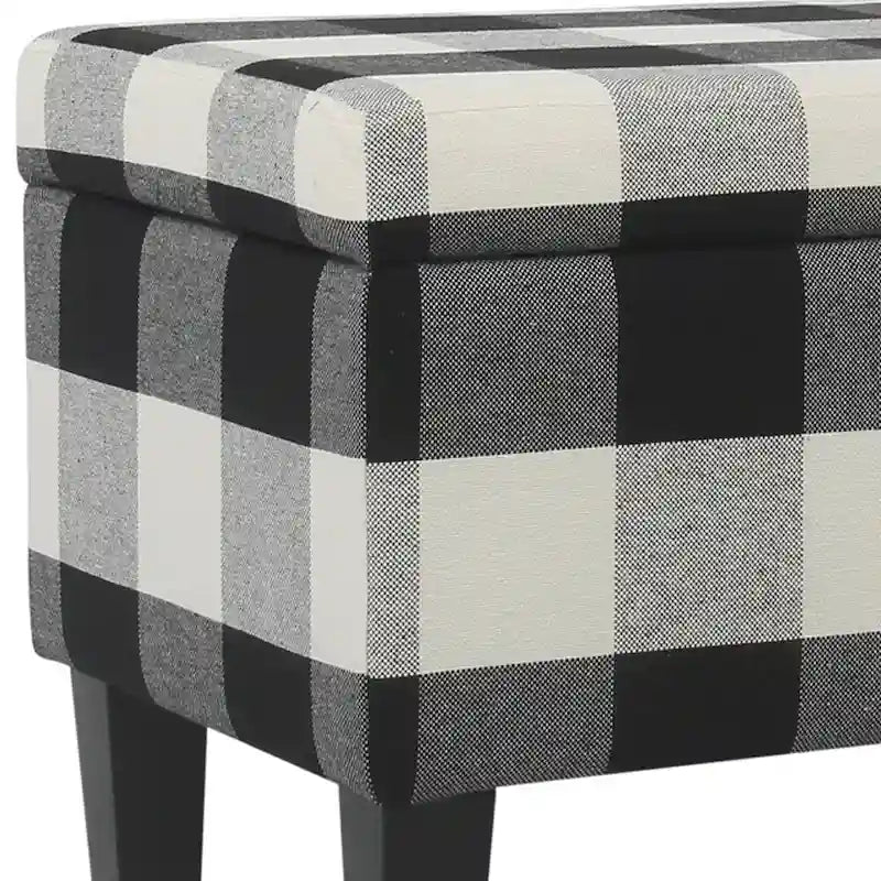 Banc de rangement capitonné en tissu à motif à carreaux avec pieds fuselés en bois, grand, noir et blanc