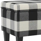 Banc de rangement capitonné en tissu à motif à carreaux avec pieds fuselés en bois, grand, noir et blanc