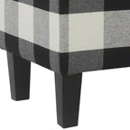 Banc de rangement capitonné en tissu à motif à carreaux avec pieds fuselés en bois, grand, noir et blanc