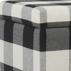 Banc de rangement capitonné en tissu à motif à carreaux avec pieds fuselés en bois, grand, noir et blanc