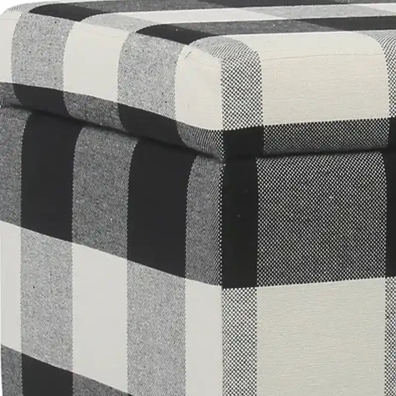 Banc de rangement capitonné en tissu à motif à carreaux avec pieds fuselés en bois, grand, noir et blanc