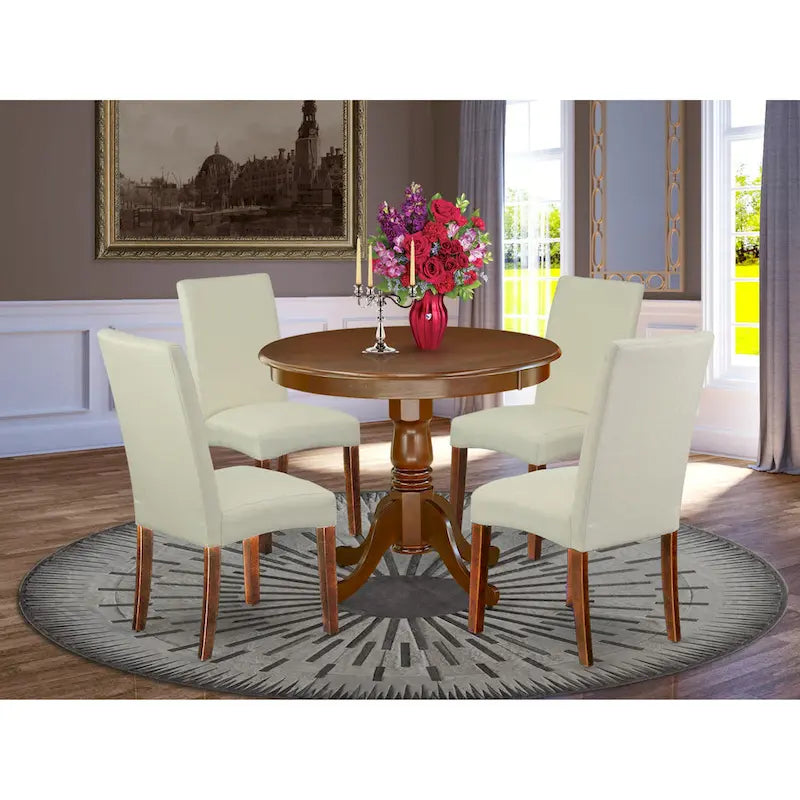 East West Furniture Ensemble de Table de Cuisine - Une Table Ronde de Salle à Manger et des Chaises Parson en Tissu Lin Crème, Acajou (Options de Pièces)