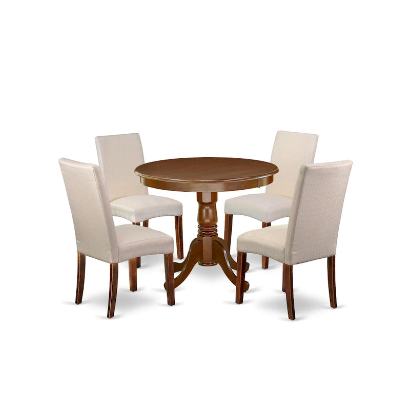 East West Furniture Ensemble de Table de Cuisine - Une Table Ronde de Salle à Manger et des Chaises Parson en Tissu Lin Crème, Acajou (Options de Pièces)