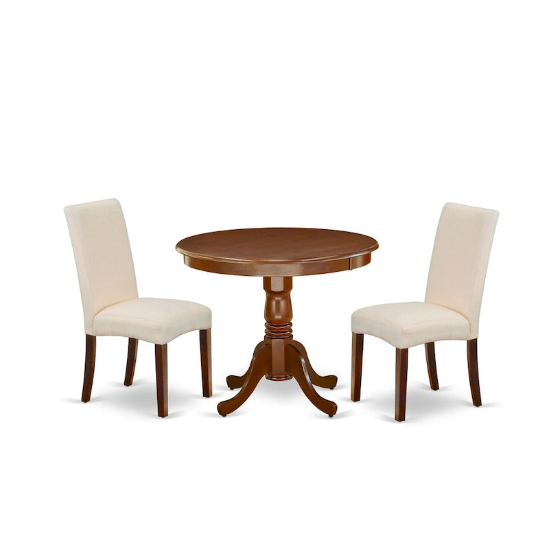 East West Furniture Ensemble de Table de Cuisine - Une Table Ronde de Salle à Manger et des Chaises Parson en Tissu Lin Crème, Acajou (Options de Pièces)