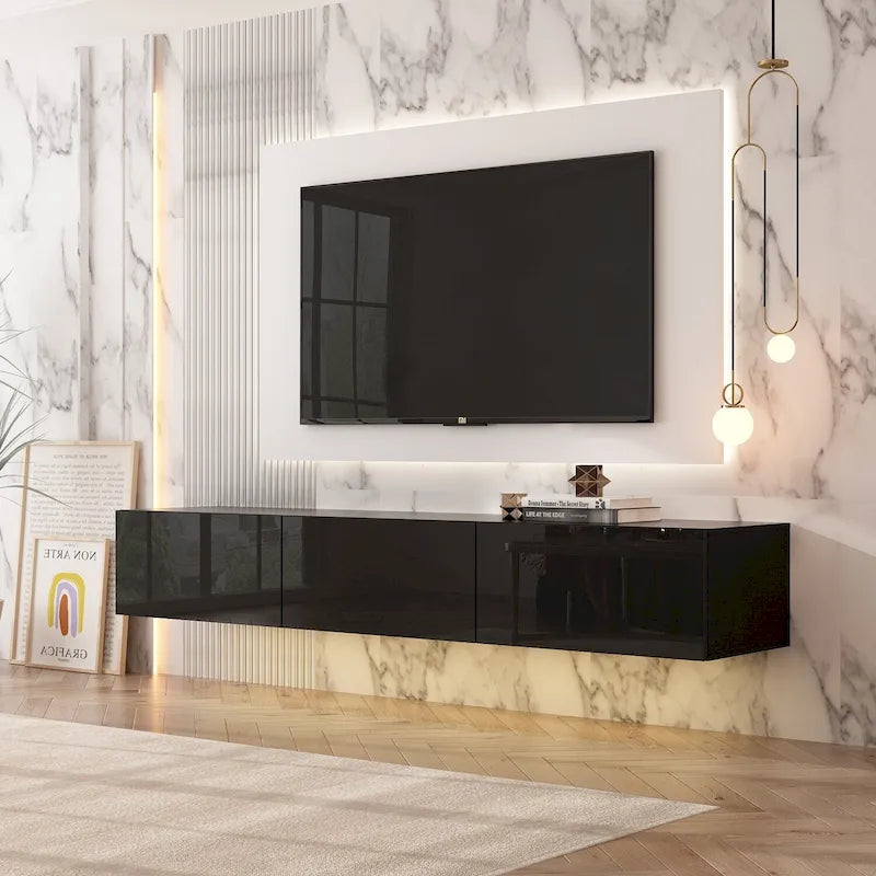 Meuble TV mural flottant 63 pouces, meuble TV LED mural avec finition brillante
