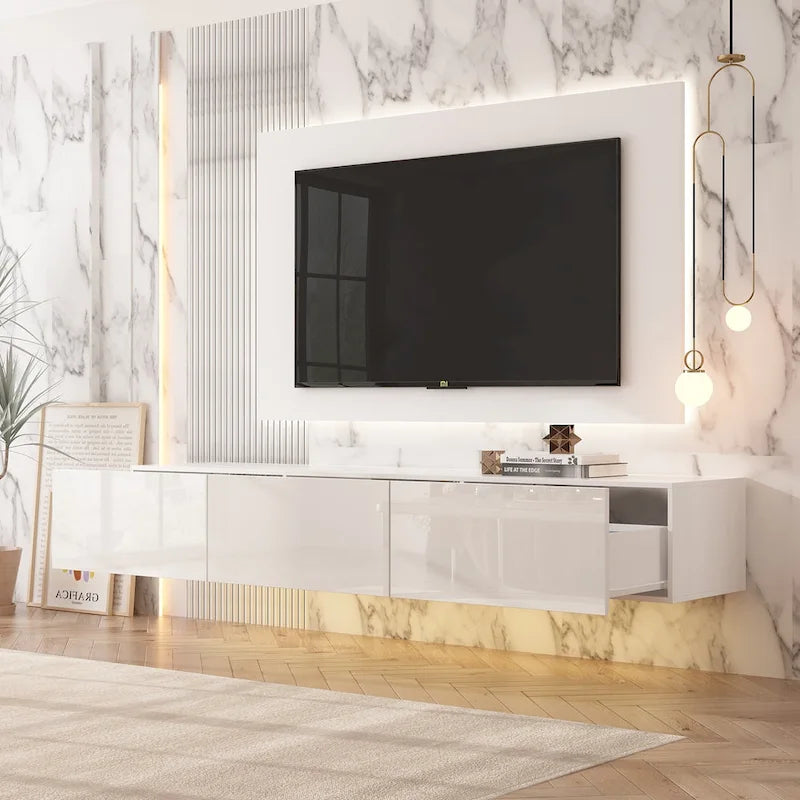 Meuble TV mural flottant 63 pouces, meuble TV LED mural avec finition brillante