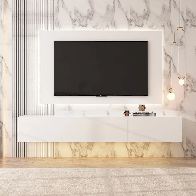 Meuble TV mural flottant 63 pouces, meuble TV LED mural avec finition brillante