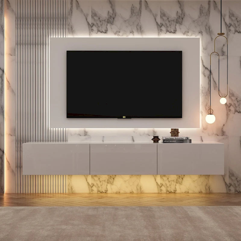 Meuble TV mural flottant 63 pouces, meuble TV LED mural avec finition brillante