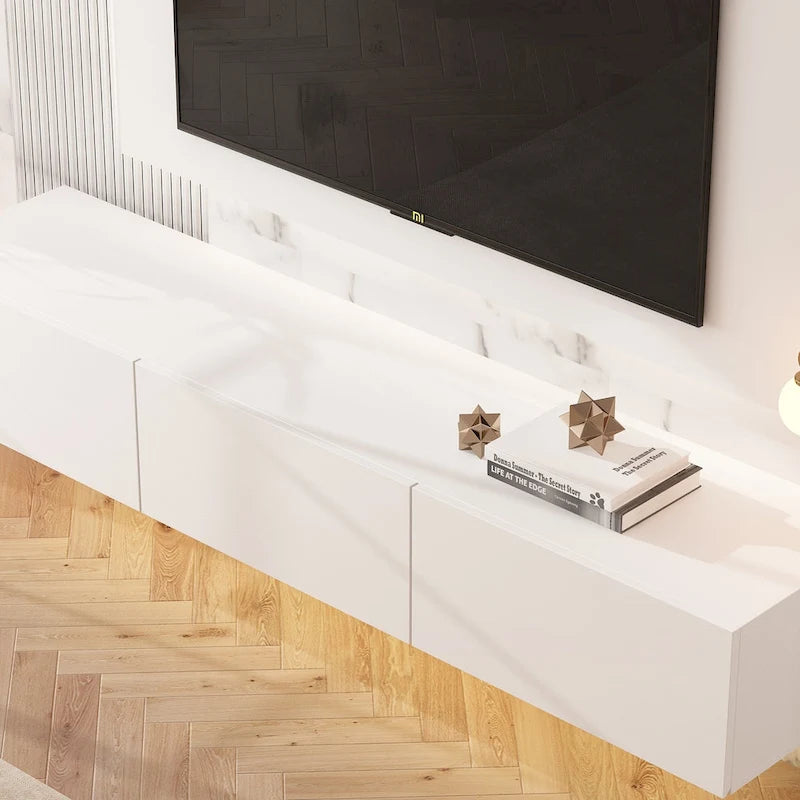 Meuble TV mural flottant 63 pouces, meuble TV LED mural avec finition brillante