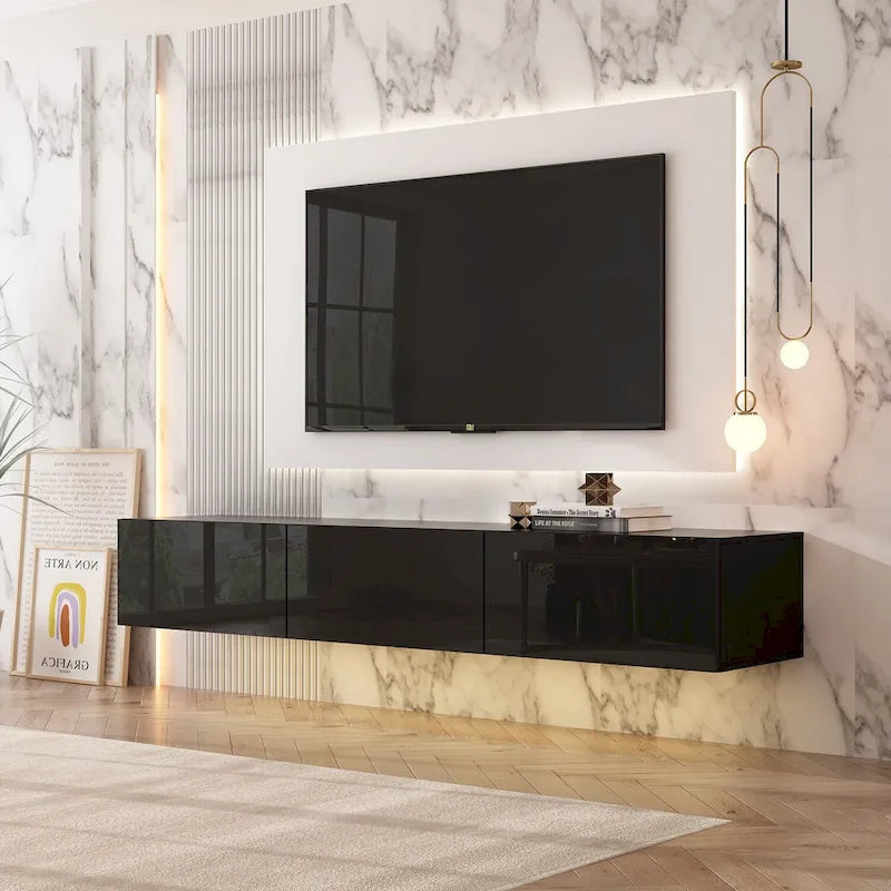 Meuble TV mural flottant 63 pouces, meuble TV LED mural avec finition brillante