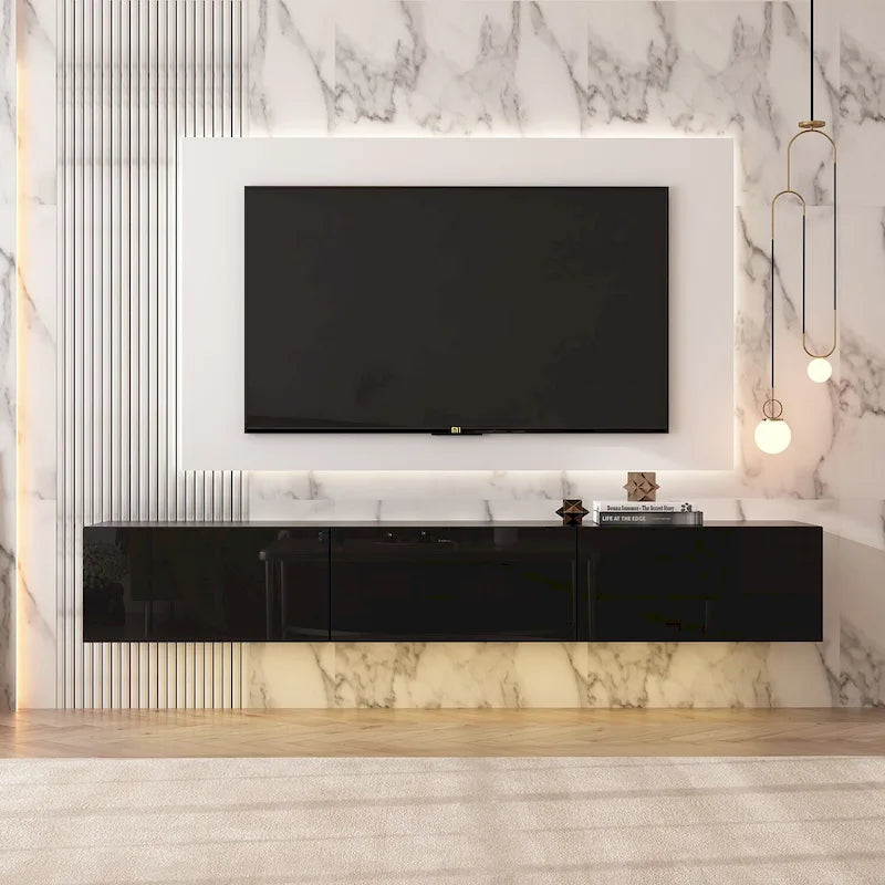 Meuble TV mural flottant 63 pouces, meuble TV LED mural avec finition brillante