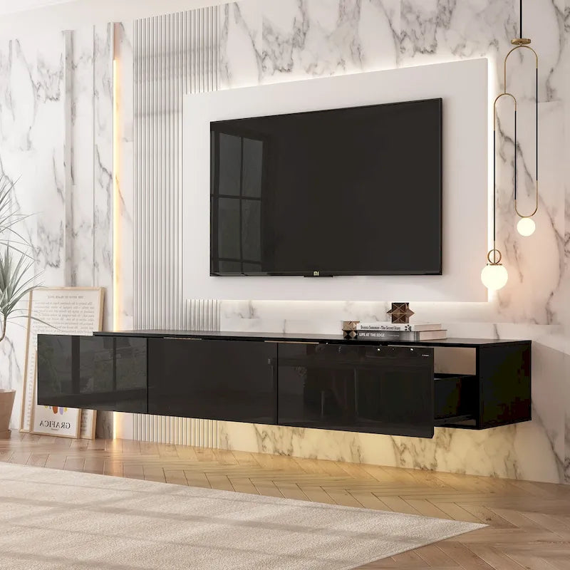 Meuble TV mural flottant 63 pouces, meuble TV LED mural avec finition brillante