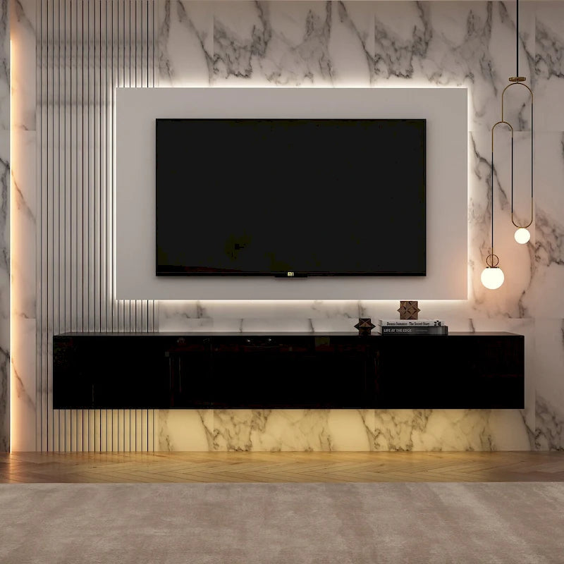 Meuble TV mural flottant 63 pouces, meuble TV LED mural avec finition brillante