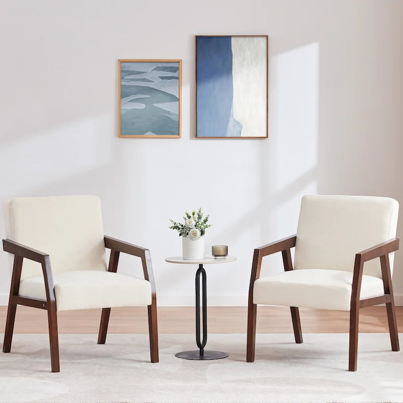 HUIMO Lot de 2 fauteuils d'appoint en bois massif marron/blanc/bleu rembourrés, de style moderne du milieu du siècle, pour salon