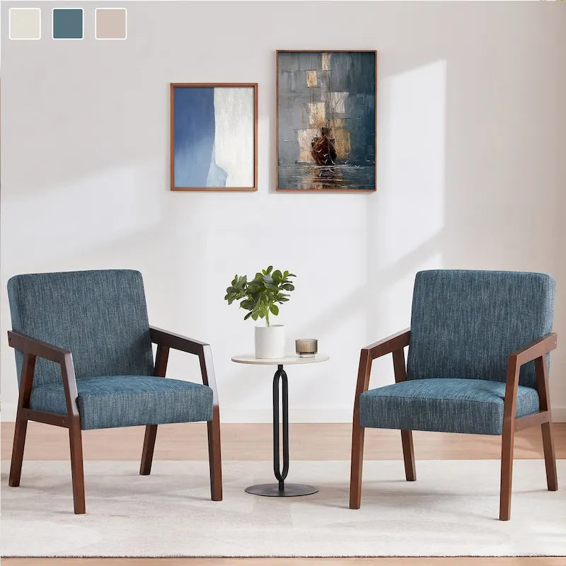 HUIMO Lot de 2 fauteuils d'appoint en bois massif marron/blanc/bleu rembourrés, de style moderne du milieu du siècle, pour salon