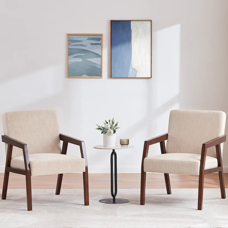 HUIMO Lot de 2 fauteuils d'appoint en bois massif marron/blanc/bleu rembourrés, de style moderne du milieu du siècle, pour salon