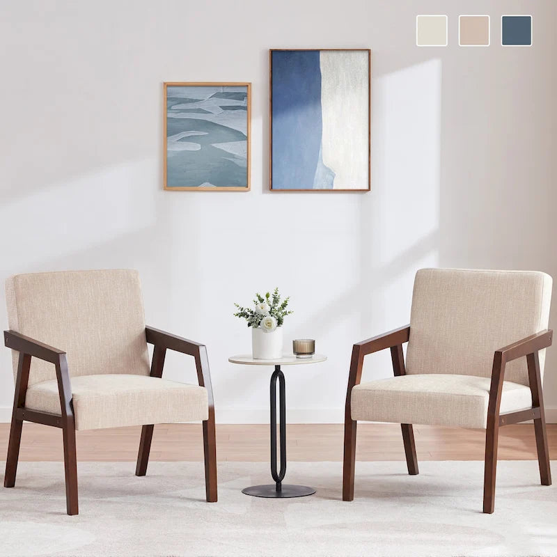 HUIMO Lot de 2 fauteuils d'appoint en bois massif marron/blanc/bleu rembourrés, de style moderne du milieu du siècle, pour salon