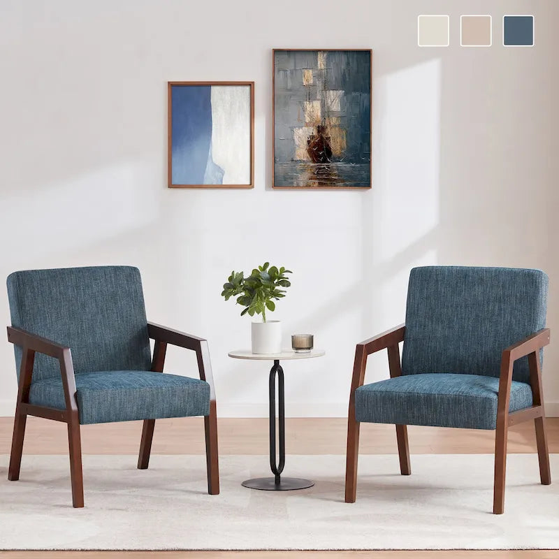 HUIMO Lot de 2 fauteuils d'appoint en bois massif marron/blanc/bleu rembourrés, de style moderne du milieu du siècle, pour salon