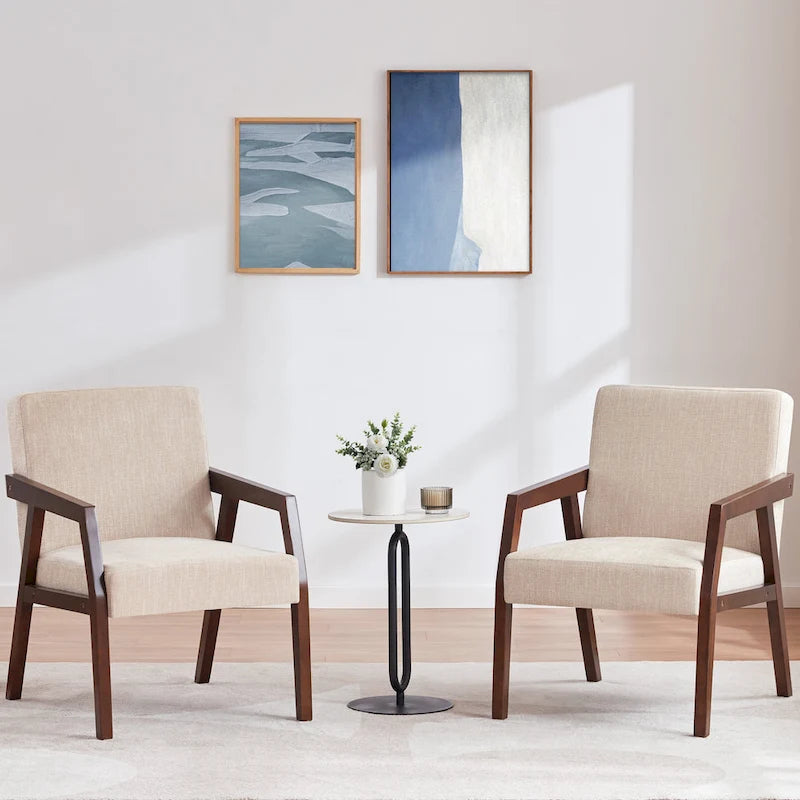 HUIMO Lot de 2 fauteuils d'appoint en bois massif marron/blanc/bleu rembourrés, de style moderne du milieu du siècle, pour salon