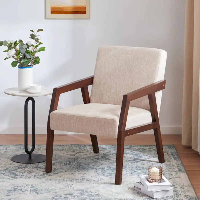HUIMO Lot de 2 fauteuils d'appoint en bois massif marron/blanc/bleu rembourrés, de style moderne du milieu du siècle, pour salon