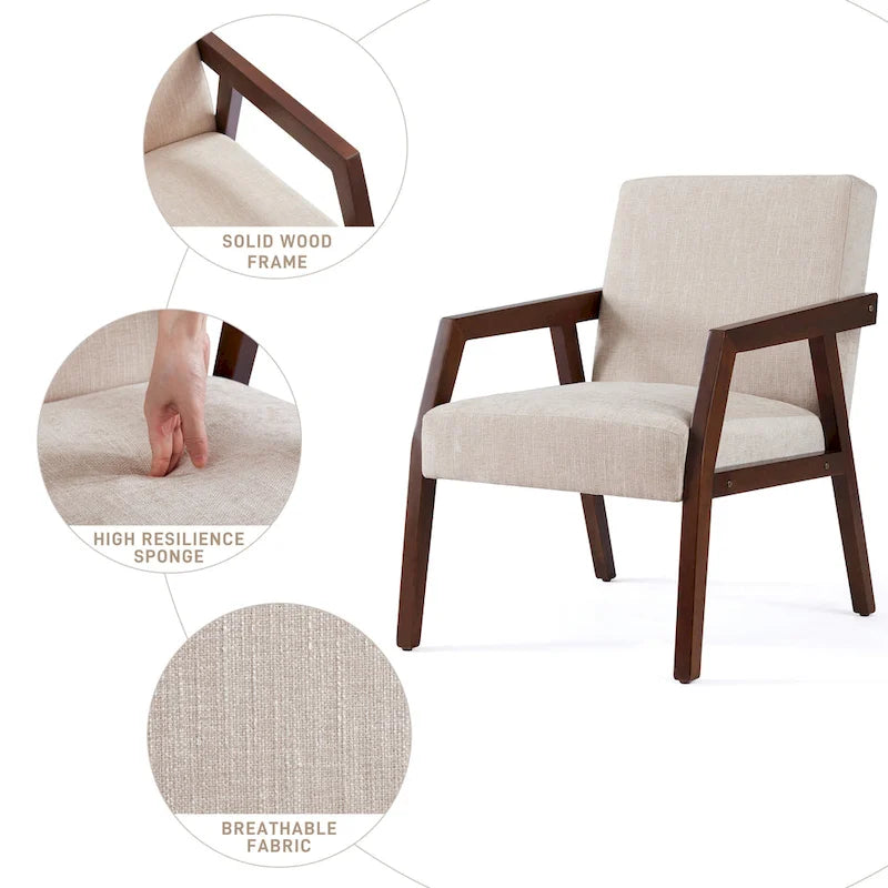 HUIMO Lot de 2 fauteuils d'appoint en bois massif marron/blanc/bleu rembourrés, de style moderne du milieu du siècle, pour salon