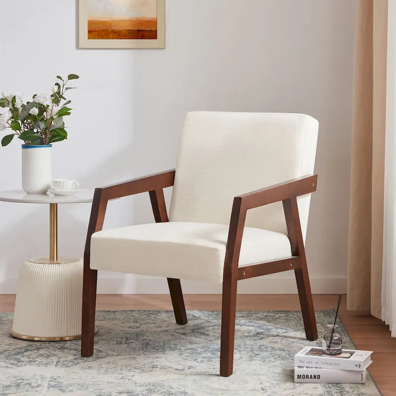 HUIMO Lot de 2 fauteuils d'appoint en bois massif marron/blanc/bleu rembourrés, de style moderne du milieu du siècle, pour salon