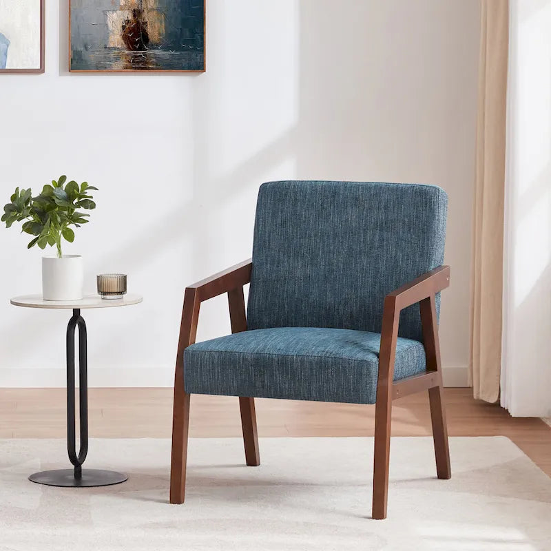 HUIMO Lot de 2 fauteuils d'appoint en bois massif marron/blanc/bleu rembourrés, de style moderne du milieu du siècle, pour salon