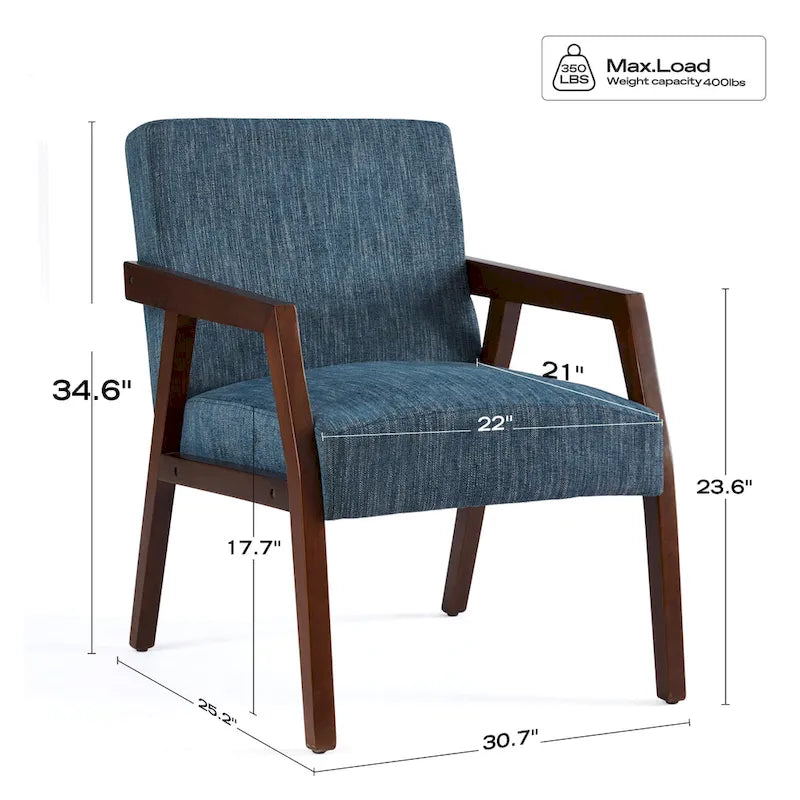 HUIMO Lot de 2 fauteuils d'appoint en bois massif marron/blanc/bleu rembourrés, de style moderne du milieu du siècle, pour salon