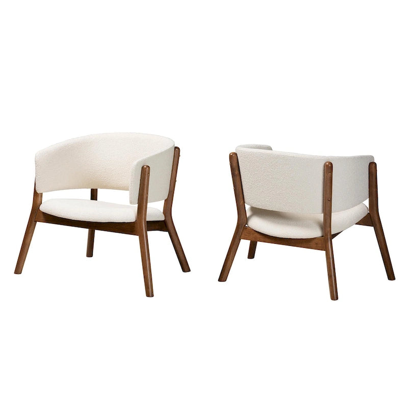Fauteuil d'appoint Baron Mid-Century Modern en tissu bouclé crème et bois finition noyer brun, ensemble de 2 pièces pour salon