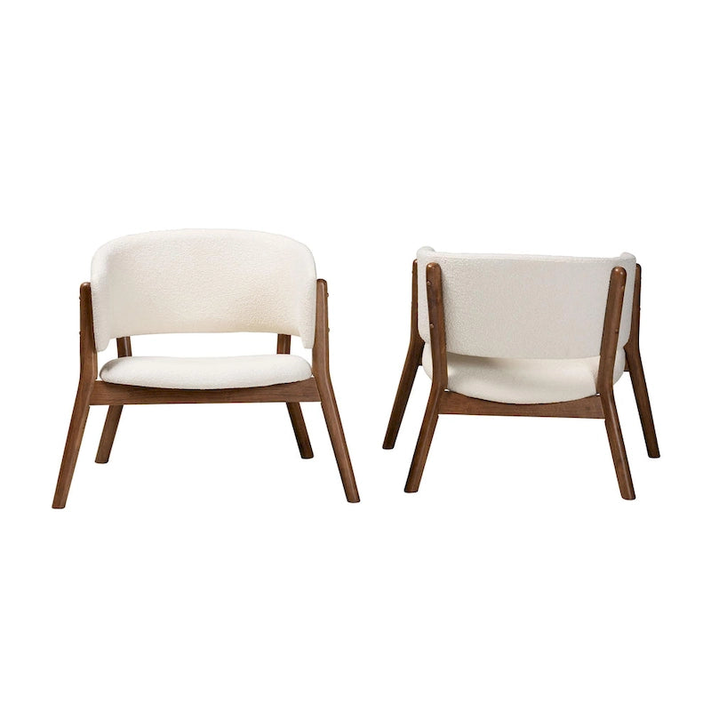 Fauteuil d'appoint Baron Mid-Century Modern en tissu bouclé crème et bois finition noyer brun, ensemble de 2 pièces pour salon